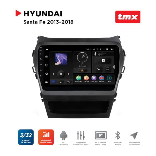 Автомагнитола Hyundai Santa Fe 13-18 (MAXIMUM Incar TMX-2409-3) Android 10/1280*720, BT, wi-fi, 4G LTE, DSP, 3-32Gb, 9"