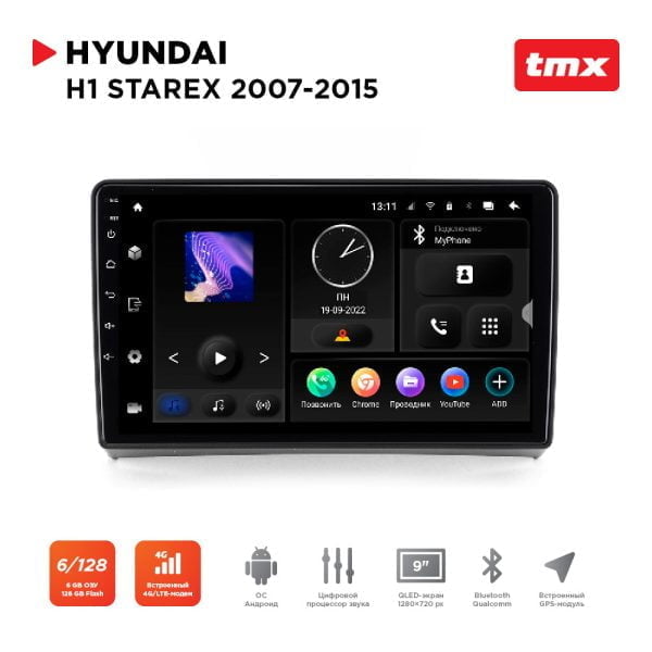 Автомагнитола Hyundai H1 Starex 07-15 (Maximum Incar TMX-2415-6) Android 10, QLED 1280x720, 8 ядер, BT 5.0, 4G, Wi-Fi, DSP, память 6Gb+128Gb, 9 дюймов