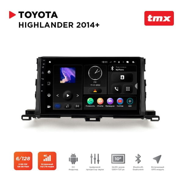Автомагнитола Toyota HighLander 14+ (Maximum Incar TMX-2224-6) Android 10, QLED 1280x720, 8 ядер, BT 5.0, 4G, Wi-Fi, DSP, память 6Gb+128Gb, 10 дюймов