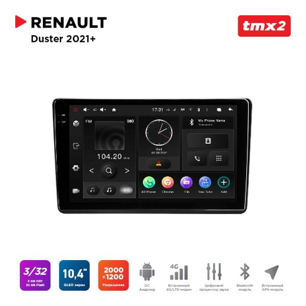 Автомагнитола Renault Duster 21+ (MAXIMUM Incar TMX2-1407-3) Android 10 / 2000x1200, Bluetooth, wi-fi, 4G LTE, DSP, 3-32Gb, размер экрана 10,4