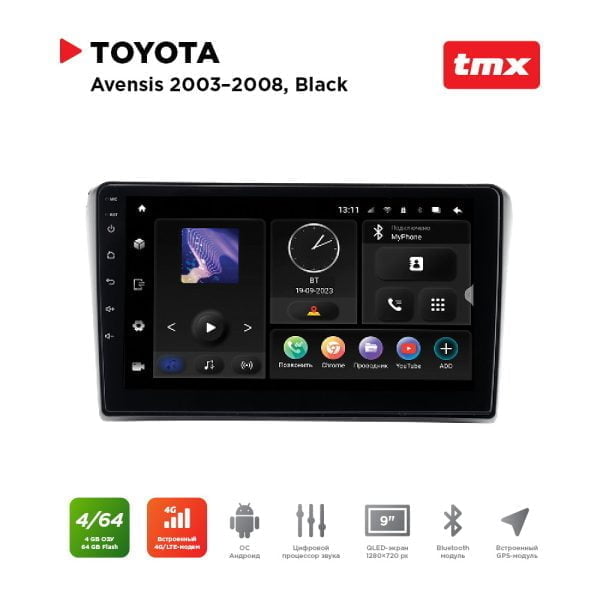 Автомагнитола Toyota Avensis 03-08 black (MAXIMUM Incar TMX-2219-4) Android 10/1280*720, BT, wi-fi, 4G LTE, DSP, 4-64Gb, 9"