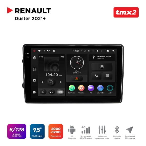 Автомагнитола Renault Duster 21+ (MAXIMUM Incar TMX2-1406-6) Android 10 / 2000x1200, Bluetooth, wi-fi, 4G LTE, DSP, 6-128Gb, размер экрана 9,5